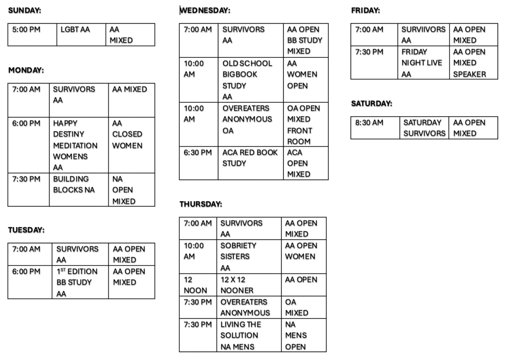 Del Rio Survivors Hall Meeting Schedule